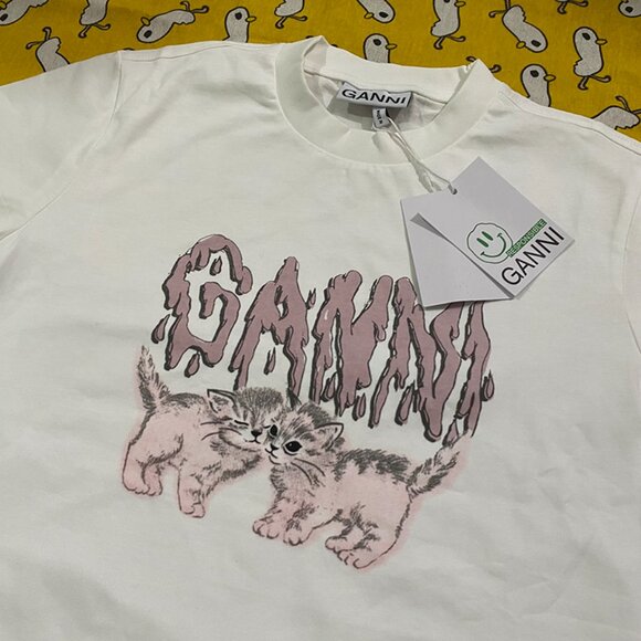 Ganni White Short-Sleeved T-Shirt With Kitten Pattern - Picture 2 of 5